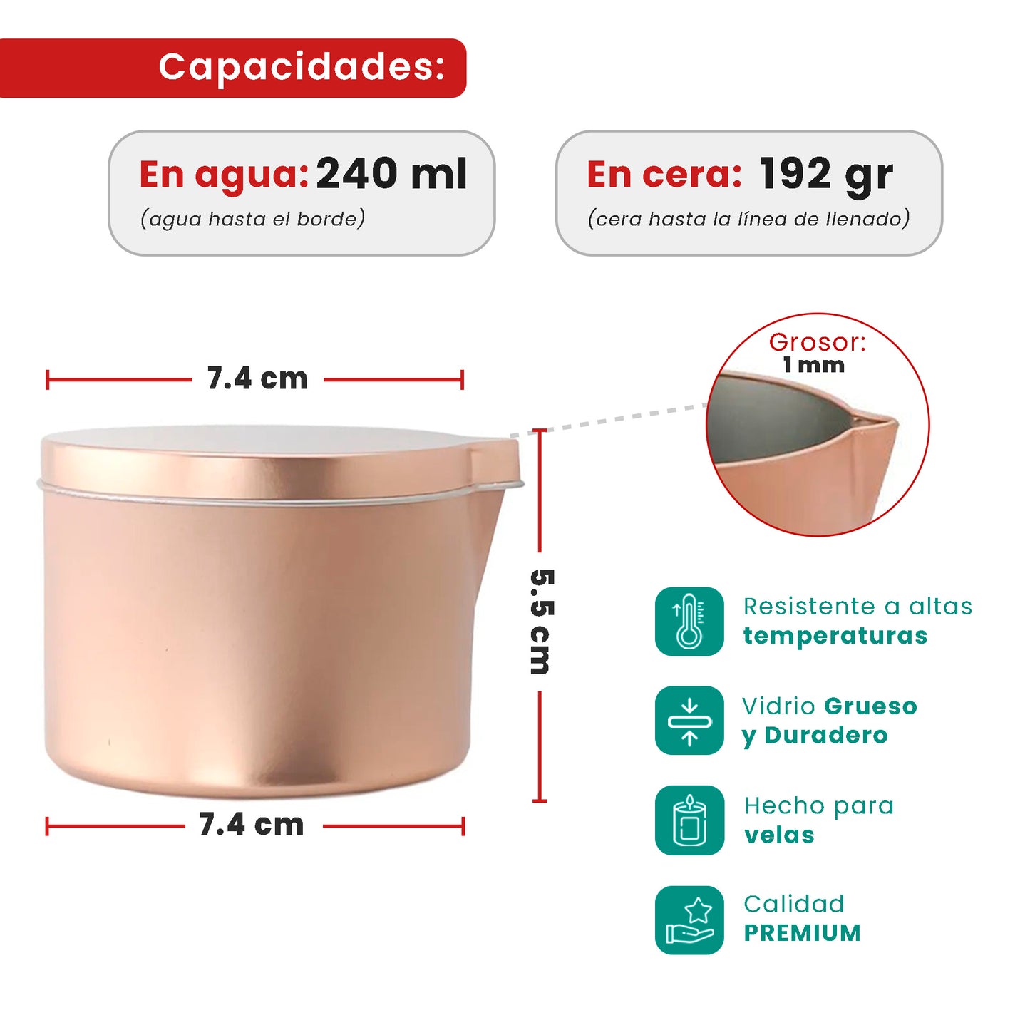 240ml - Tokio Lata de Aluminio Metal Recto para Velas de Masaje - Frasco Oro Rosado
