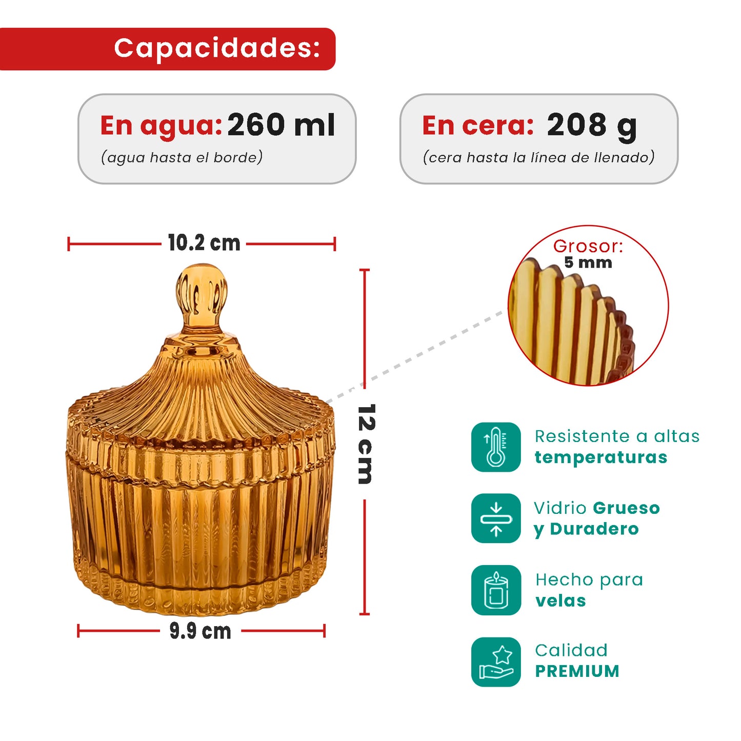 260ml - Versalles Vaso de Lujo de Vidrio para Velas - Frasco Ámbar Brillante