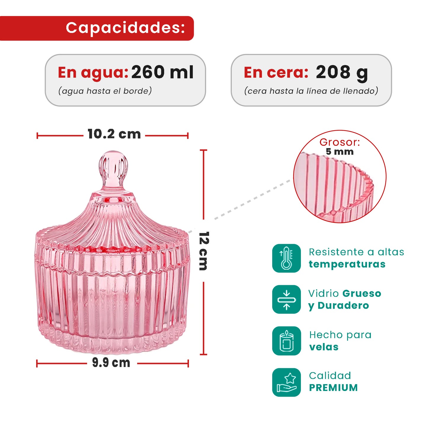 260ml - Versalles Vaso de Lujo de Vidrio para Velas - Frasco Rosa Transparente