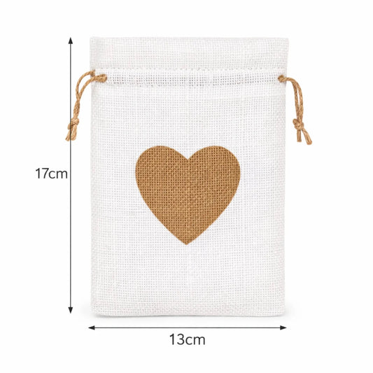 Bolsa de Regalo de Yute Para Velas Wax Melts - Costal Decorativo con Cordón - Estampado de Corazón - Blanco - Candle Craft