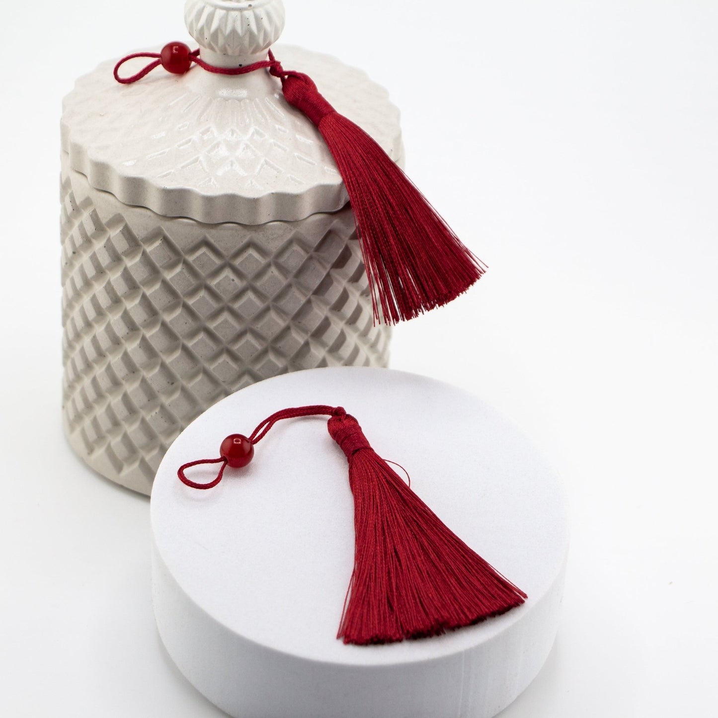 Borlas Chicas Decorativas - Rojo Tinto - Celeste para Velas – Tassels de Seda con Cuentas | Accesorios para Vasos de Velas de Lujo - Candle Craft