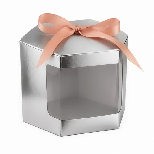 Caja Decorativa Hexagonal para Velas - Plata con Ventana Transparente | Grande 10x10 cm - Candle Craft