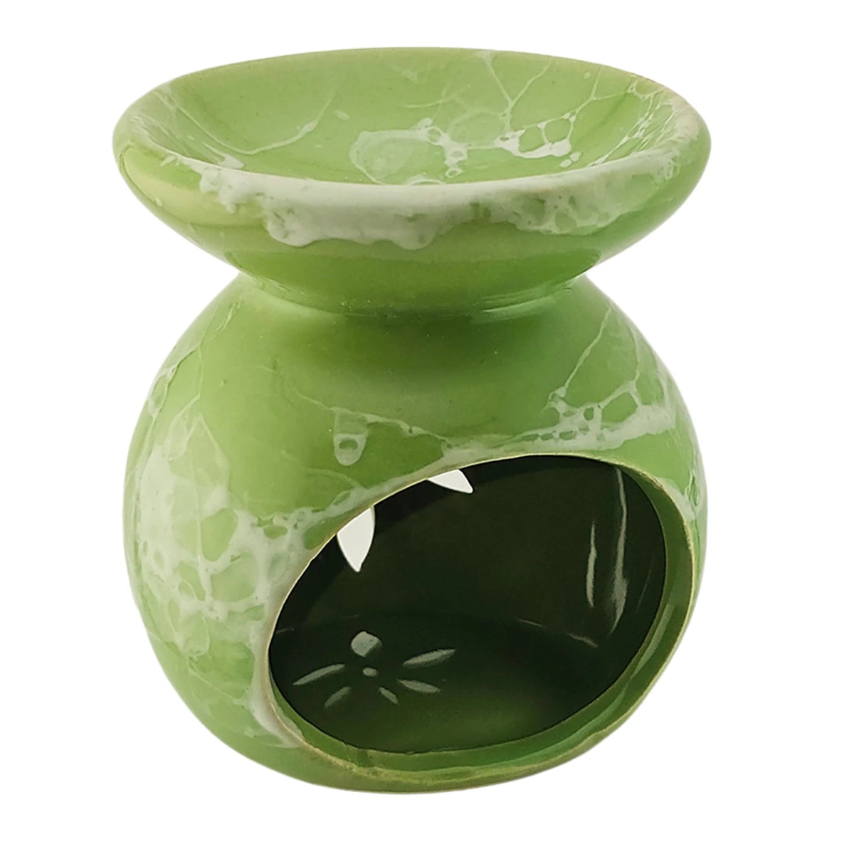 Quemador de Cera Redondo - Fundidor de Cerámica para Wax Melts - Verde y Blanco - Diseño Flor - Candle Craft