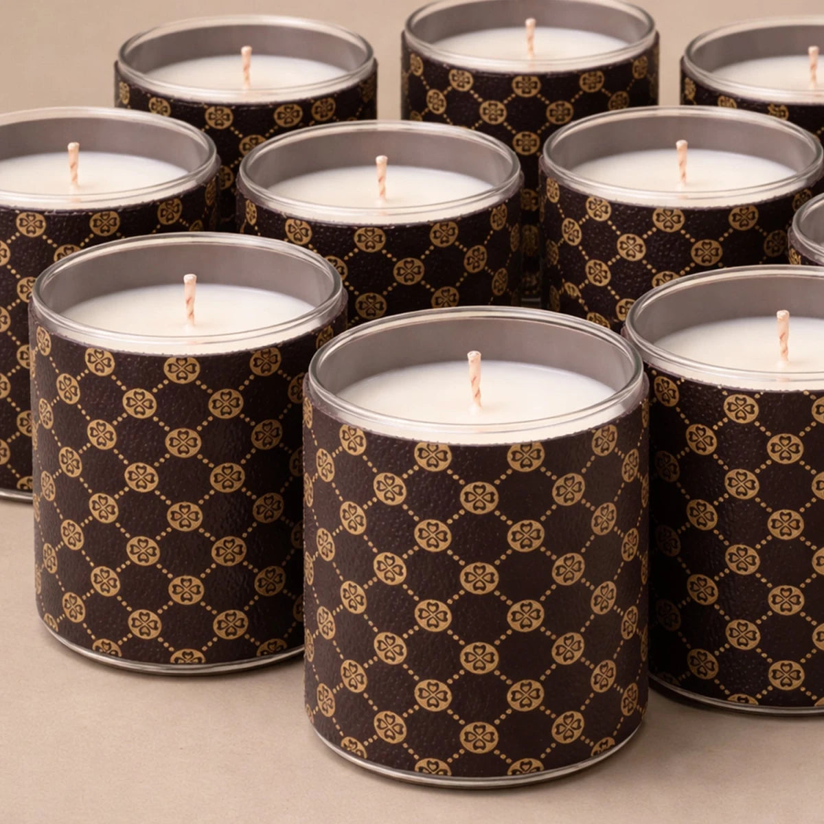 Set 210ml Mónaco Vaso de Vidrio para Velas - Frasco con Funda Decorativa Café con Dorado - Candle Craft