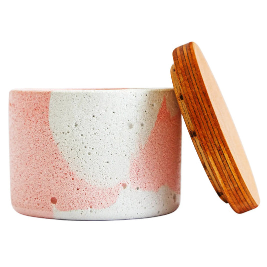 130ml - Carrara Vaso de Concreto para velas con Tapa de Madera - Marmoleado Rosa Blanco