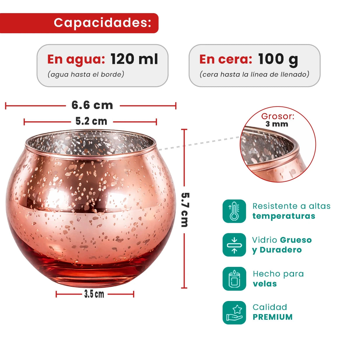 Votivos Portavelas Pecera - Vaso de vidrio para velas redonda - Oro Rosado con Salpicaduras - Candle Craft