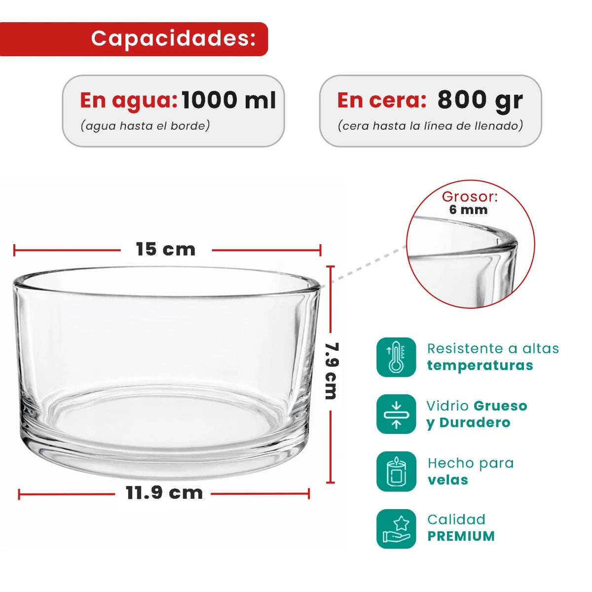 1000ml - Mónaco Vaso de Vidrio para Velas Extra Grande - Cristal Transparente - Candle Craft