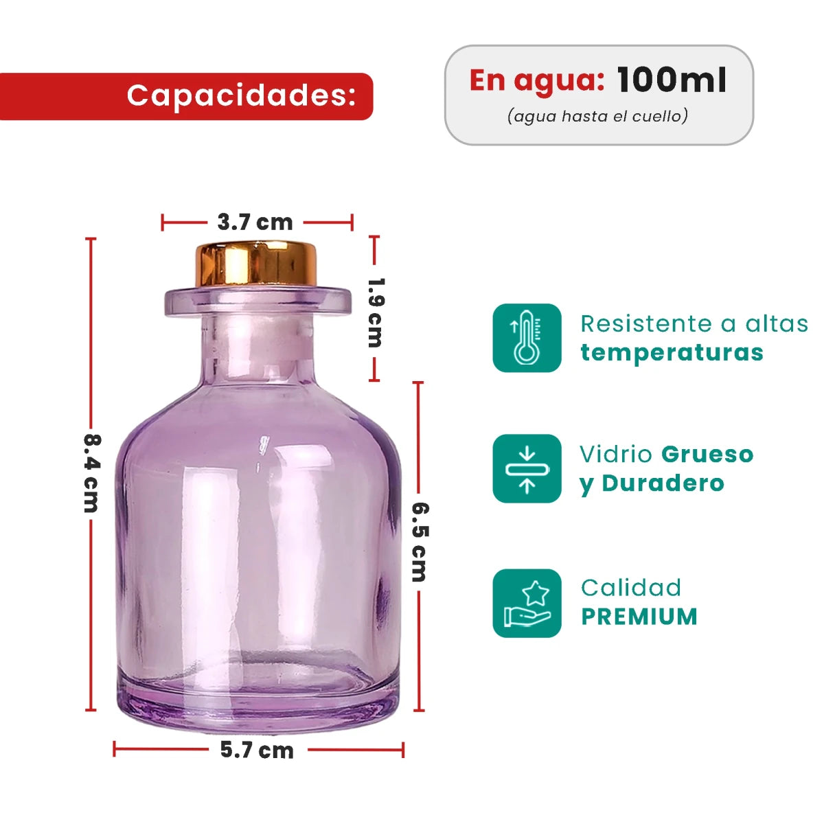 100ml Florida - Frasco para Difusor de Vidrio - Botella Difusor de Varillas Redondo - Morado Transparente - Candle Craft
