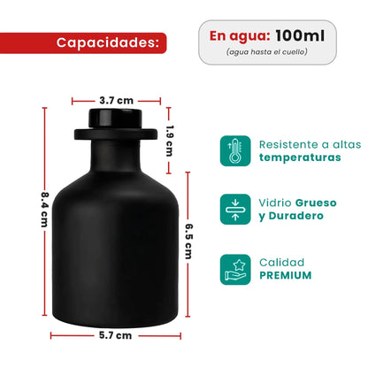100ml Florida - Frasco para Difusor de Vidrio - Botella Difusor de Varillas Redondo - Negro Mate - Candle Craft