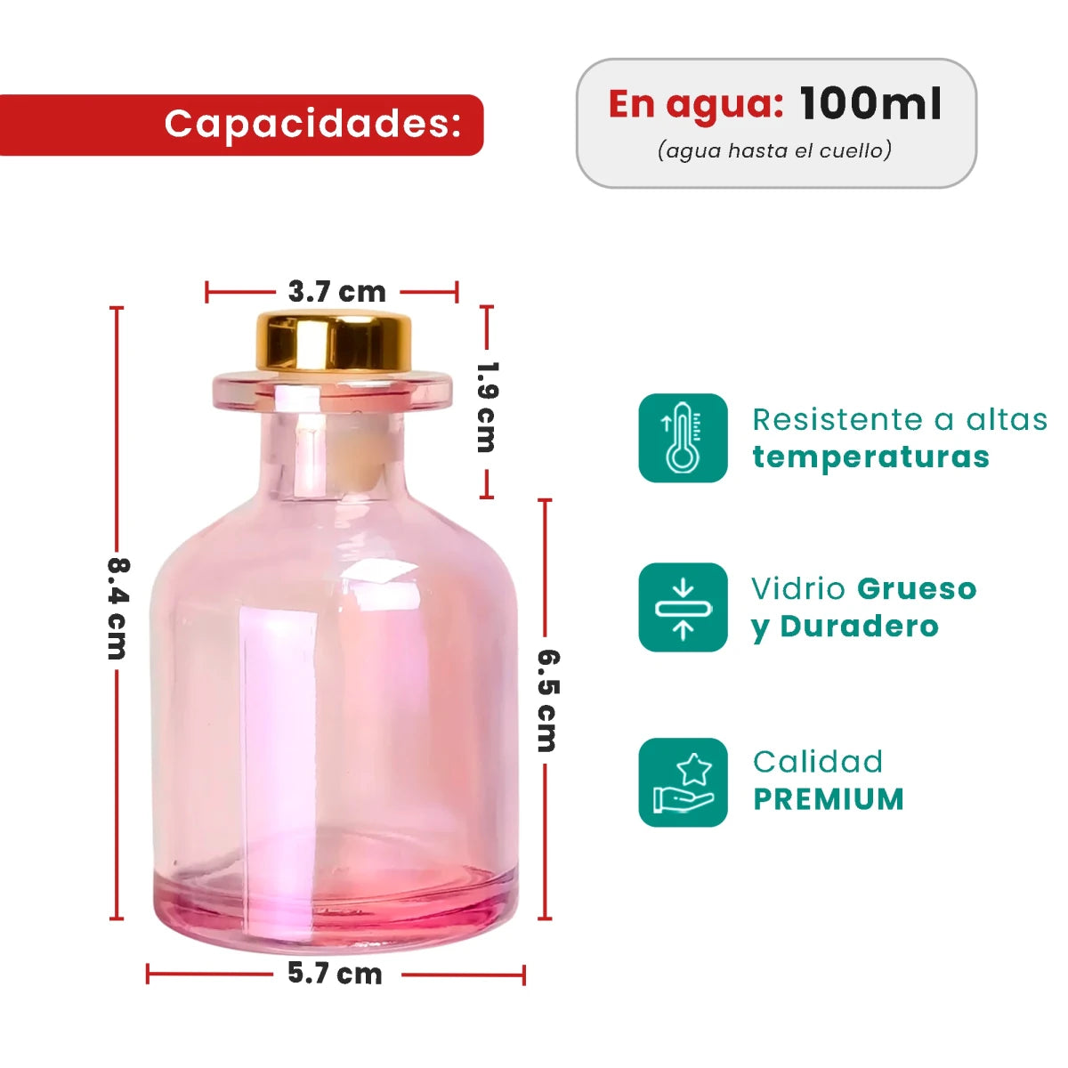 100ml Florida - Frasco para Difusor de Vidrio - Botella Difusor de Varillas Redondo - Rosa Tornasol - Candle Craft