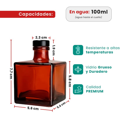 100ml Lucca - Frasco para Difusor de Vidrio - Botella Difusor de Varillas Cuadrado - Ámbar Transparente - Candle Craft