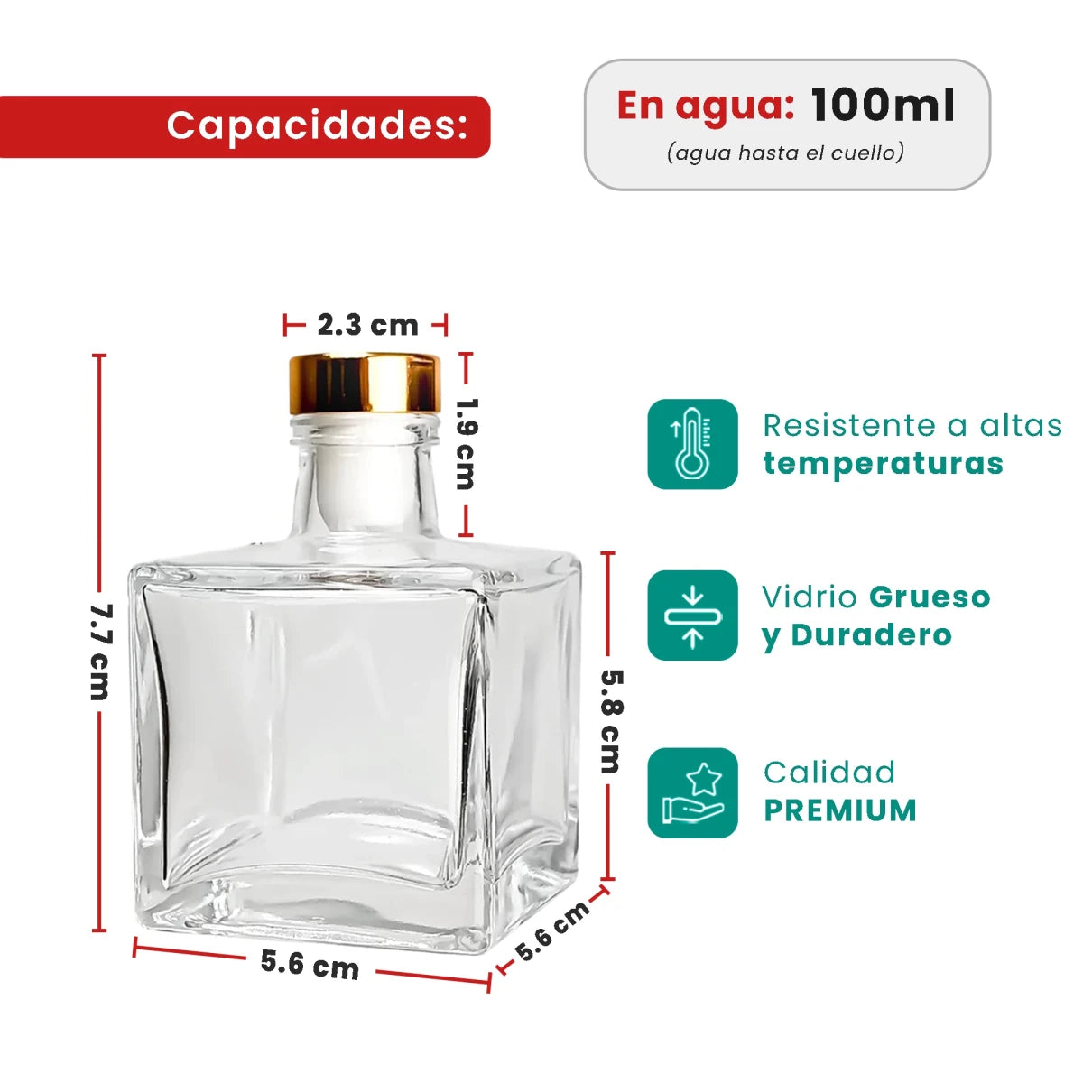 100ml Lucca - Frasco para Difusor de Vidrio - Botella Difusor de Varillas Cuadrado - Cristal Transparente - Candle Craft