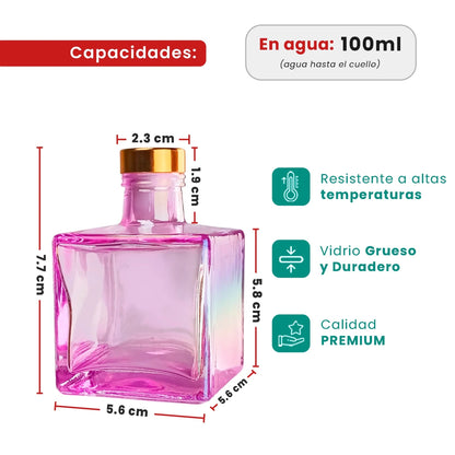 100ml Lucca - Frasco para Difusor de Vidrio - Botella Difusor de Varillas Cuadrado - Morado Tornasol - Candle Craft
