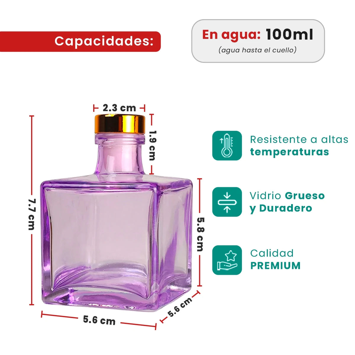 100ml Lucca - Frasco para Difusor de Vidrio - Botella Difusor de Varillas Cuadrado - Morado Transparente - Candle Craft