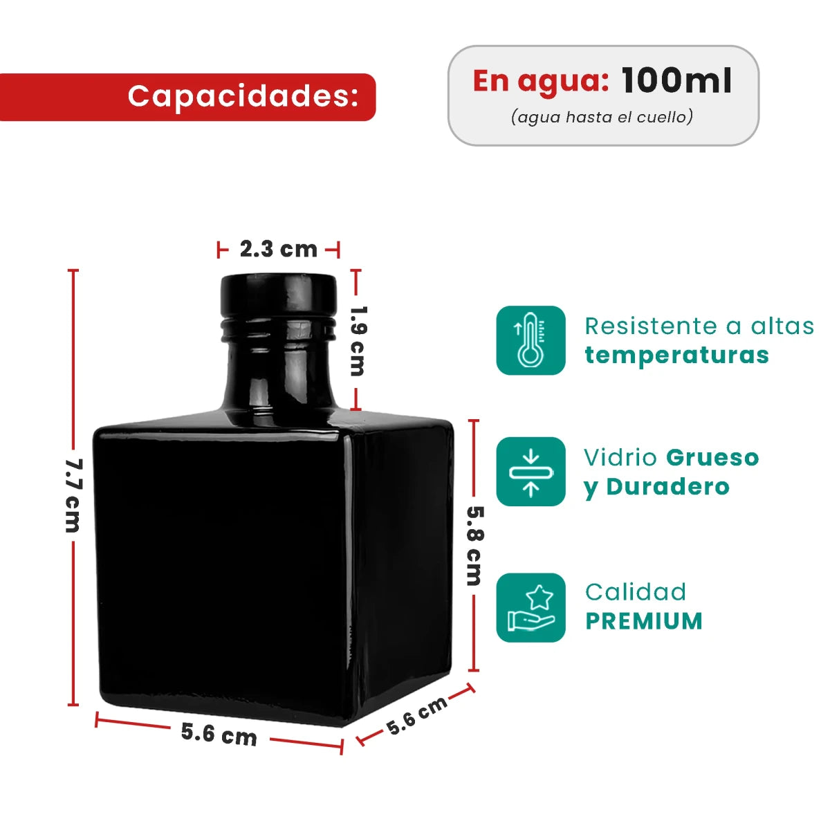 100ml Lucca - Frasco para Difusor de Vidrio - Botella Difusor de Varillas Cuadrado - Negro Brillante - Candle Craft