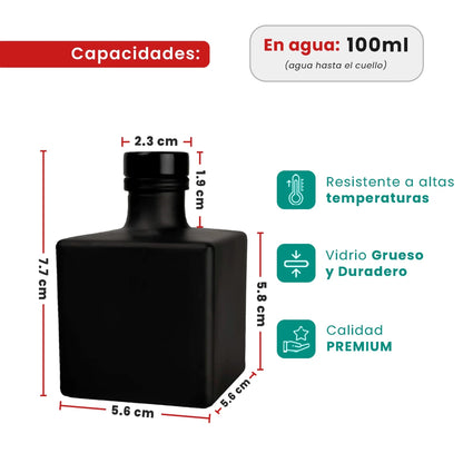 100ml Lucca - Frasco para Difusor de Vidrio - Botella Difusor de Varillas Cuadrado - Negro Mate - Candle Craft