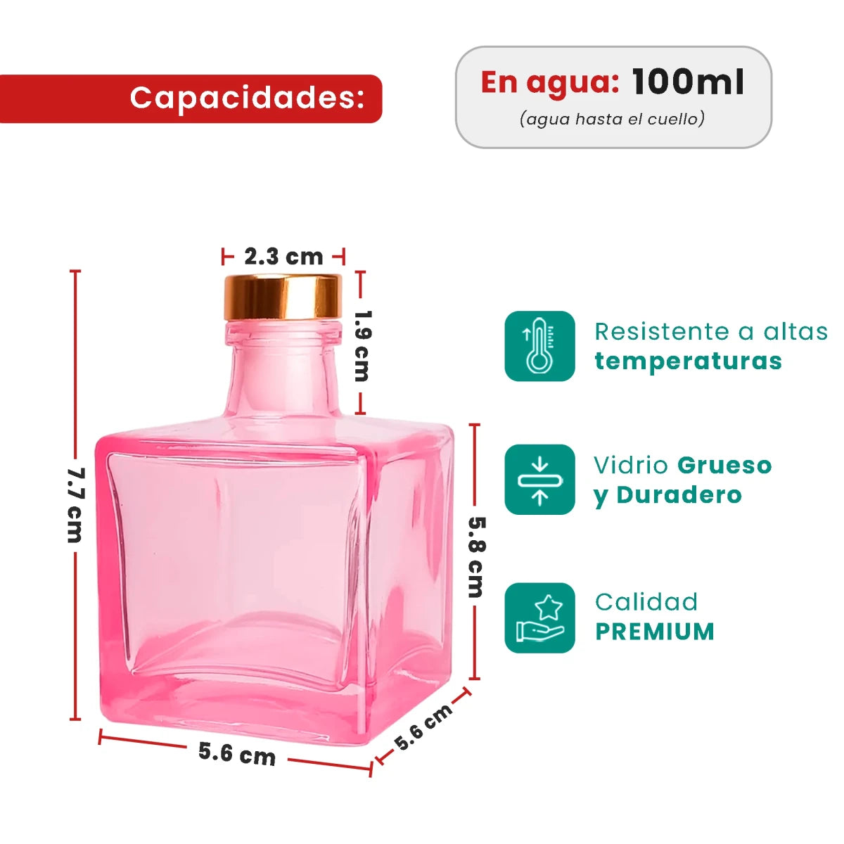 100ml Lucca - Frasco para Difusor de Vidrio - Botella Difusor de Varillas Cuadrado - Rosa Transparente - Candle Craft