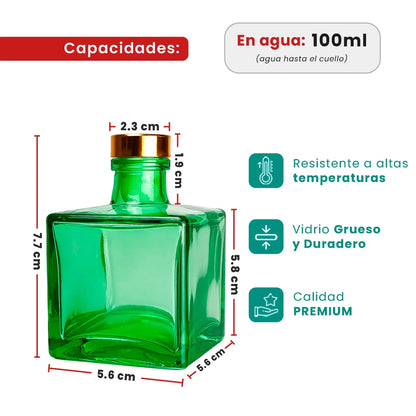 100ml Lucca - Frasco para Difusor de Vidrio - Botella Difusor de Varillas Cuadrado - Verde Transparente - Candle Craft