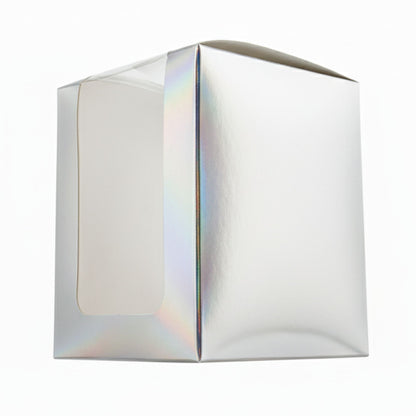 Caja Decorativa Cuadrada para Velas – Plateada Tornasol - Ventana Transparente | Chica 8x10 cm