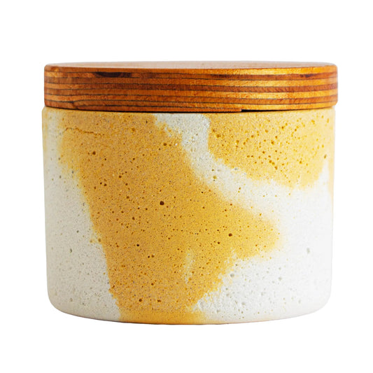130ml - Carrara Vaso de Concreto para velas con Tapa de Madera - Marmoleado Amarillo Blanco - Candle Craft