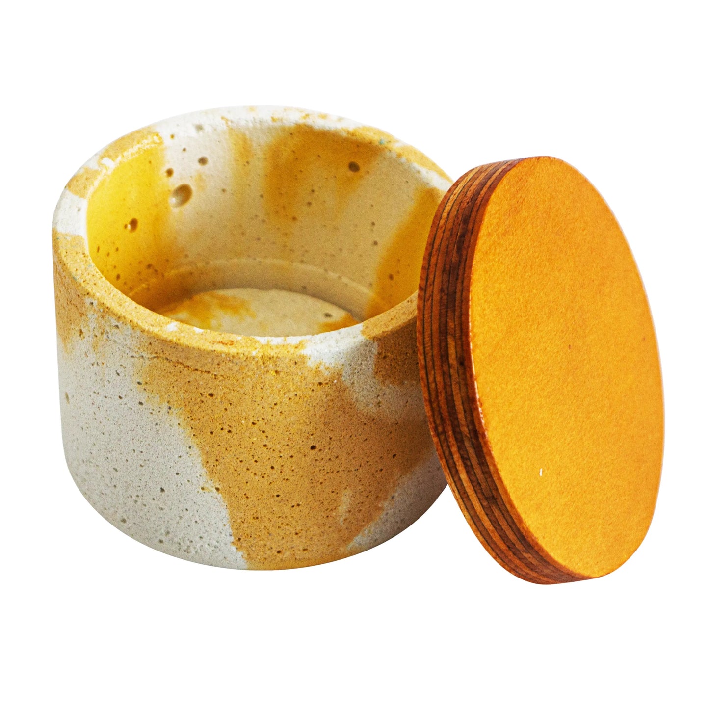 130ml - Carrara Vaso de Concreto para velas con Tapa de Madera - Marmoleado Amarillo Blanco - Candle Craft