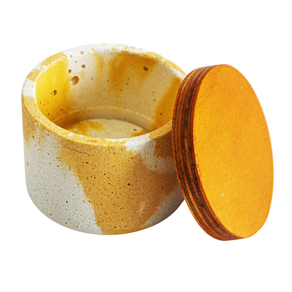 130ml - Carrara Vaso de Concreto para velas con Tapa de Madera - Marmoleado Amarillo Blanco - Candle Craft