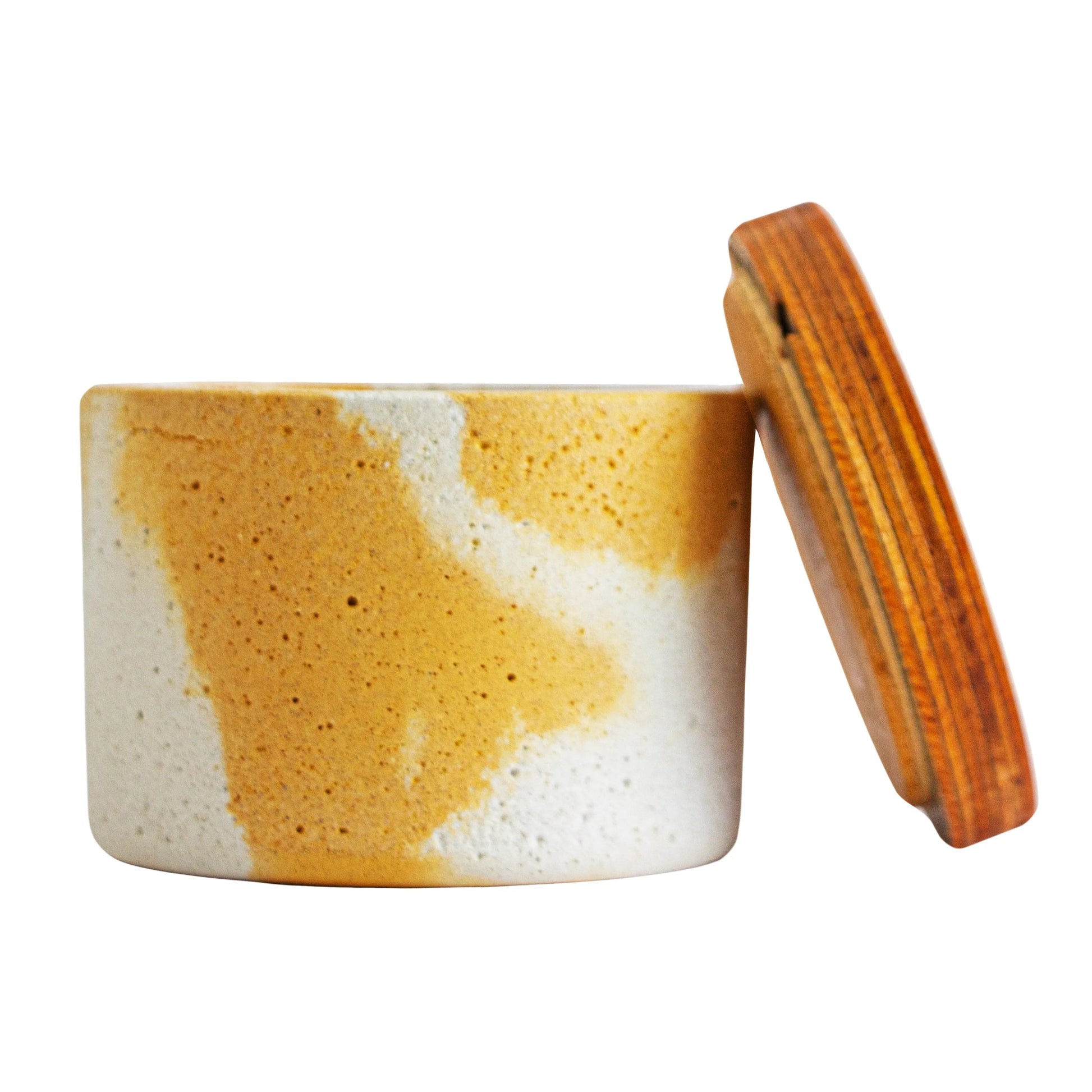 130ml - Carrara Vaso de Concreto para velas con Tapa de Madera - Marmoleado Amarillo Blanco - Candle Craft