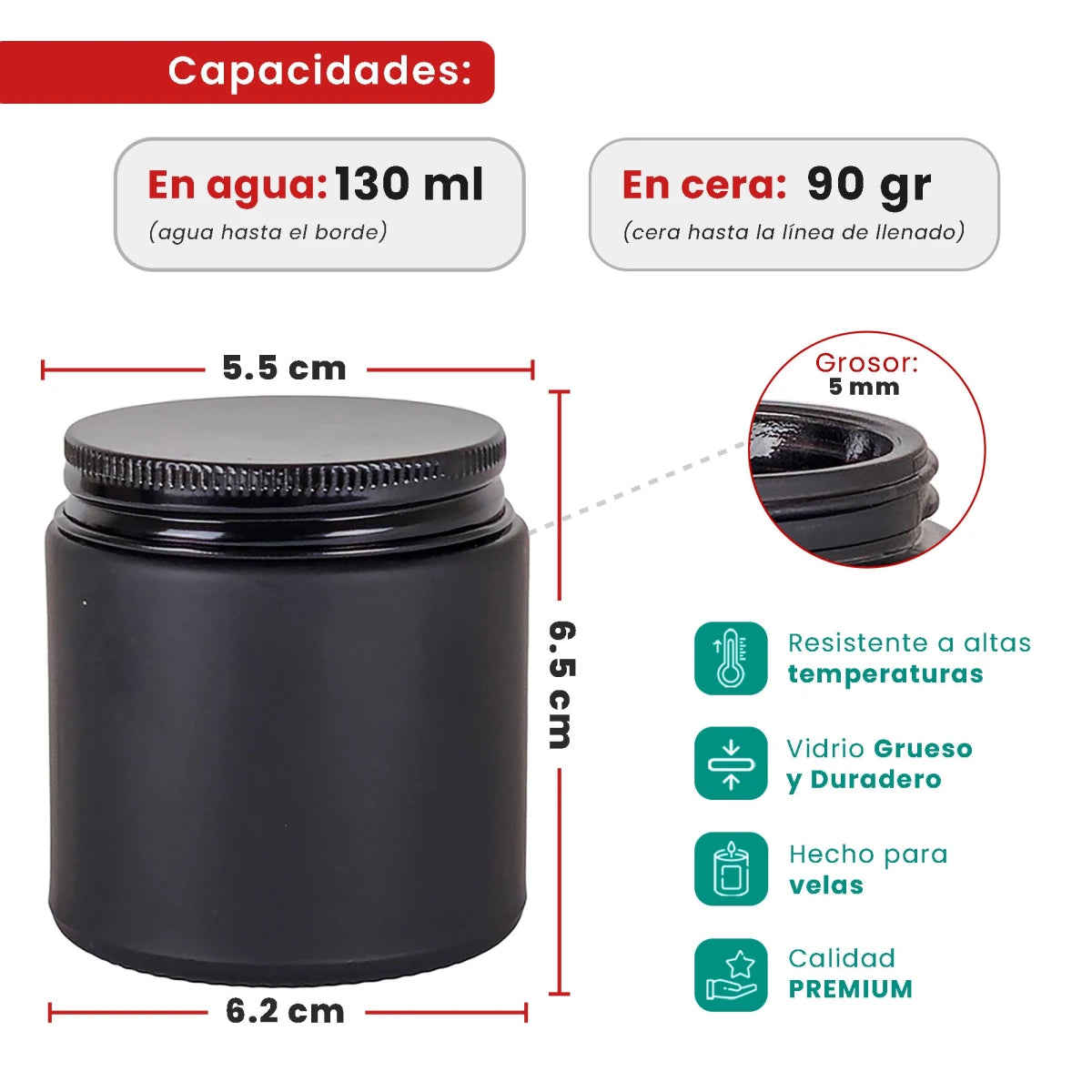 130ml - Miami Vaso de vidrio con rosca para velas - Negro con tapa negra - Candle Craft