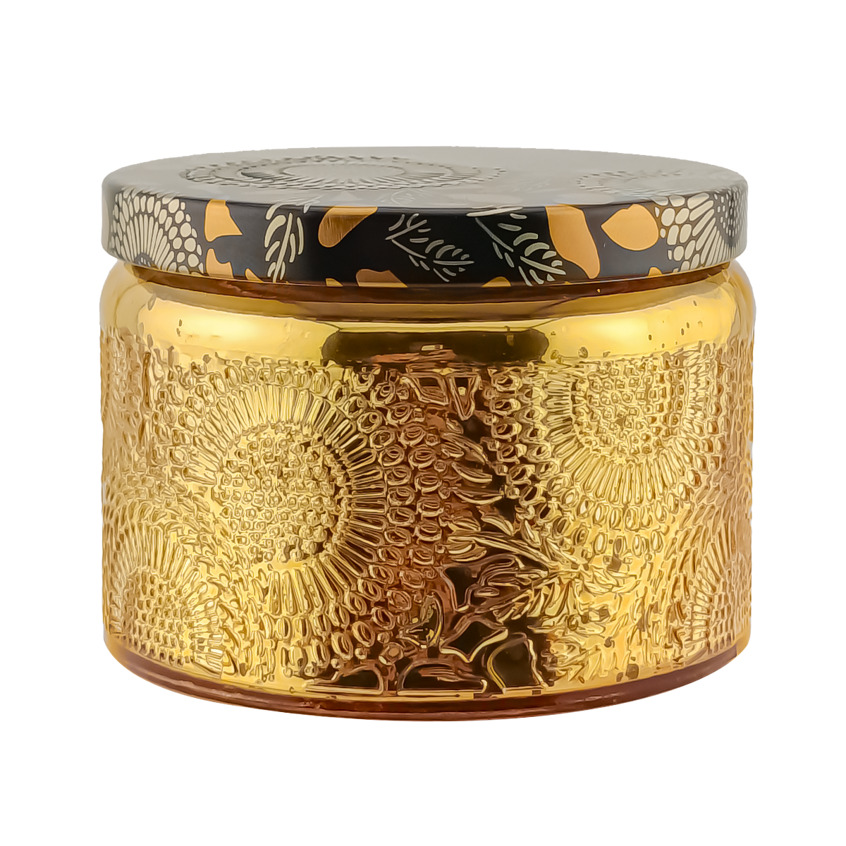 140ml - Londres Vaso de vidrio para velas - Dorado con Relieve y Tapa