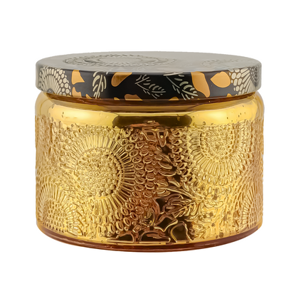 140ml - Londres Vaso de vidrio para velas - Dorado con Relieve y Tapa