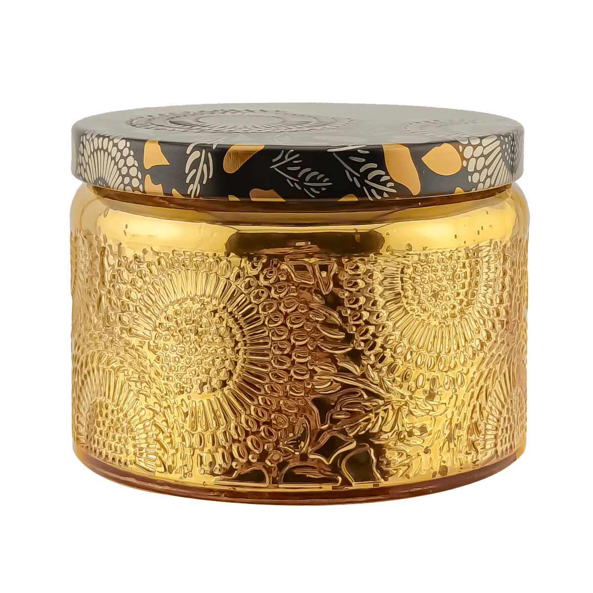 140ml - Londres Vaso de vidrio para velas - Dorado con Relieve y Tapa - Candle Craft