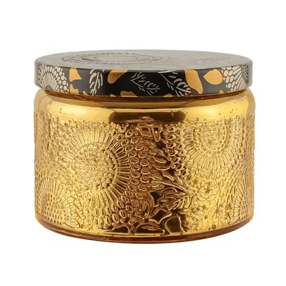 140ml - Londres Vaso de vidrio para velas - Dorado con Relieve y Tapa - Candle Craft