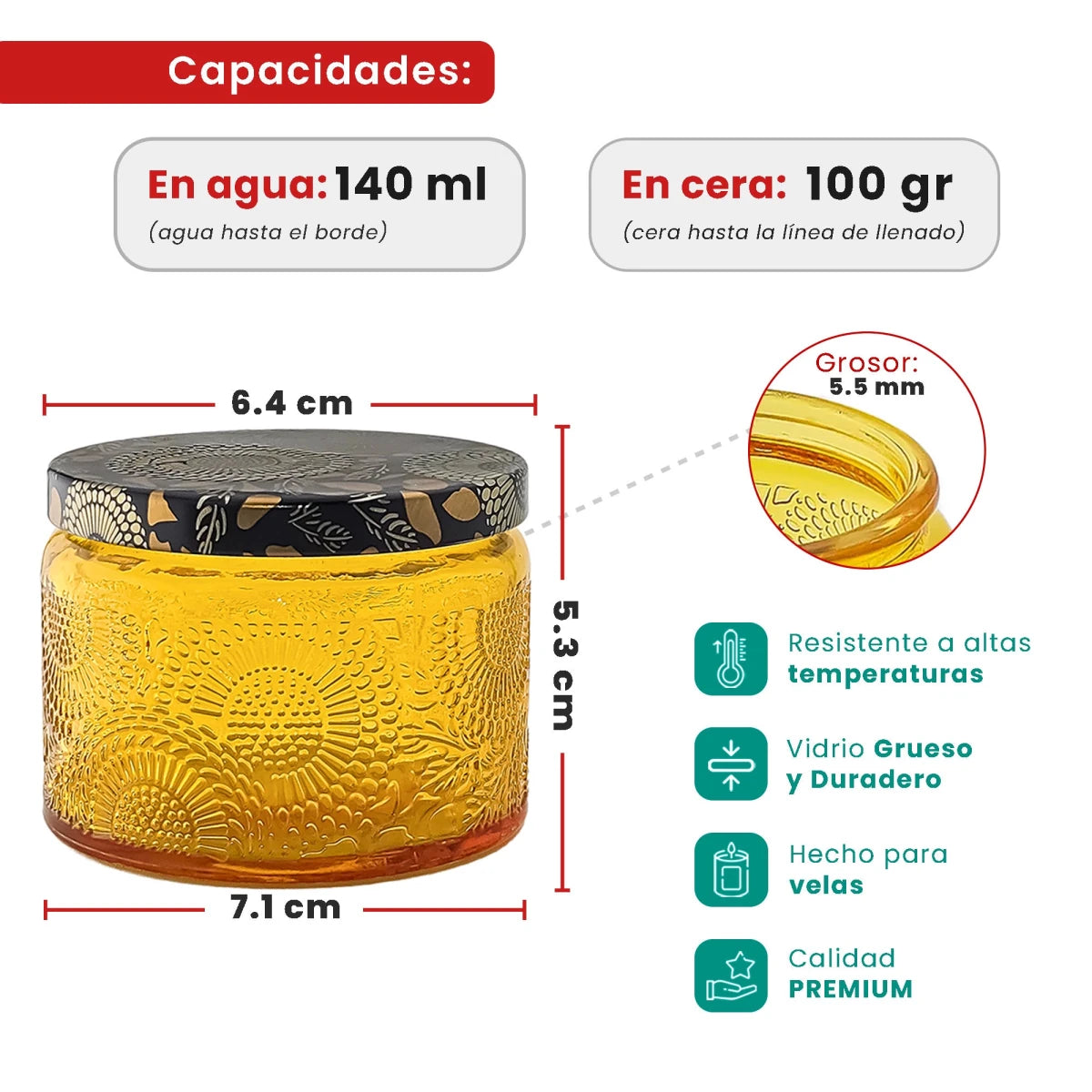 140ml - Londres Vaso de vidrio para velas - Frasco Naranja Relieve - Candle Craft
