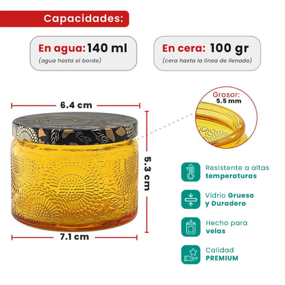 140ml - Londres Vaso de vidrio para velas - Frasco Naranja Relieve - Candle Craft