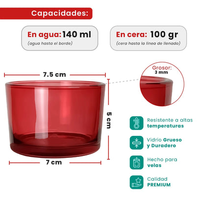 140ml - Mónaco Vaso de vidrio para velas - Frasco Rojo Tinto Transparente - Candle Craft
