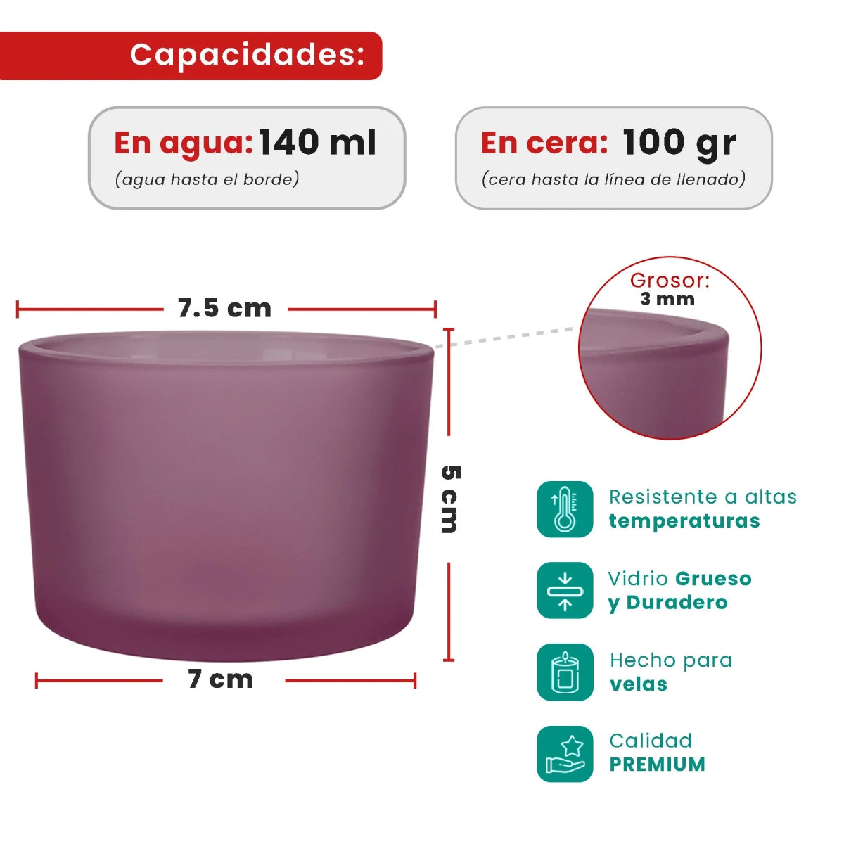 140ml - Mónaco Vaso de vidrio para velas - Frasco Satinado Morado / Fucsia - Candle Craft