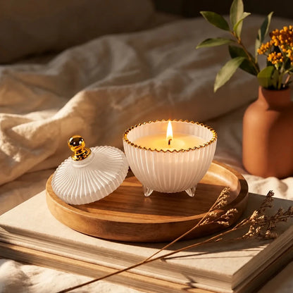 170ml - Cannes Vaso de lujo de vidrio para velas - Frasco Blanco Brillante con Oro - Candle Craft