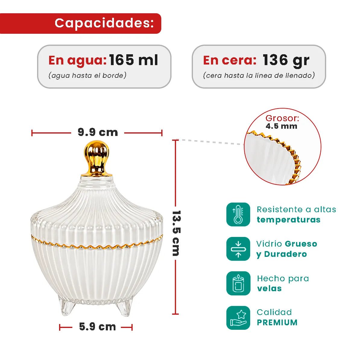 170ml - Cannes Vaso de lujo de vidrio para velas - Frasco Blanco Brillante con Oro - Candle Craft