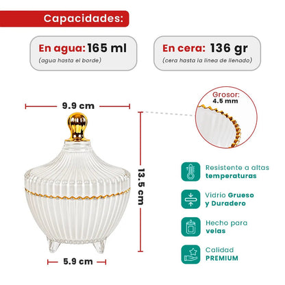 170ml - Cannes Vaso de lujo de vidrio para velas - Frasco Blanco Brillante con Oro - Candle Craft