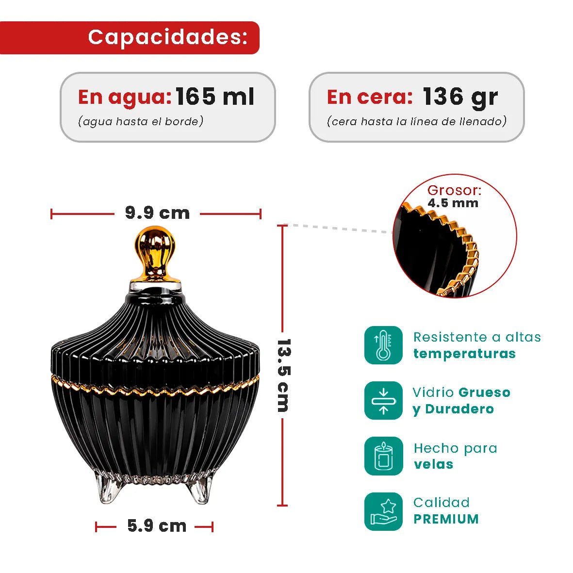 170ml - Cannes Vaso de lujo de vidrio para velas - Frasco Negro Brillante con Oro - Candle Craft