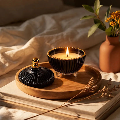 170ml - Cannes Vaso de lujo de vidrio para velas - Frasco Negro Brillante con Oro - Candle Craft