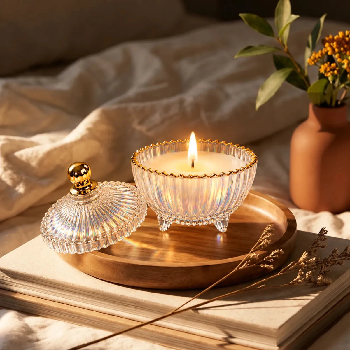 170ml - Cannes Vaso de lujo de vidrio para velas - Frasco Tornasol Brillante con Oro - Candle Craft