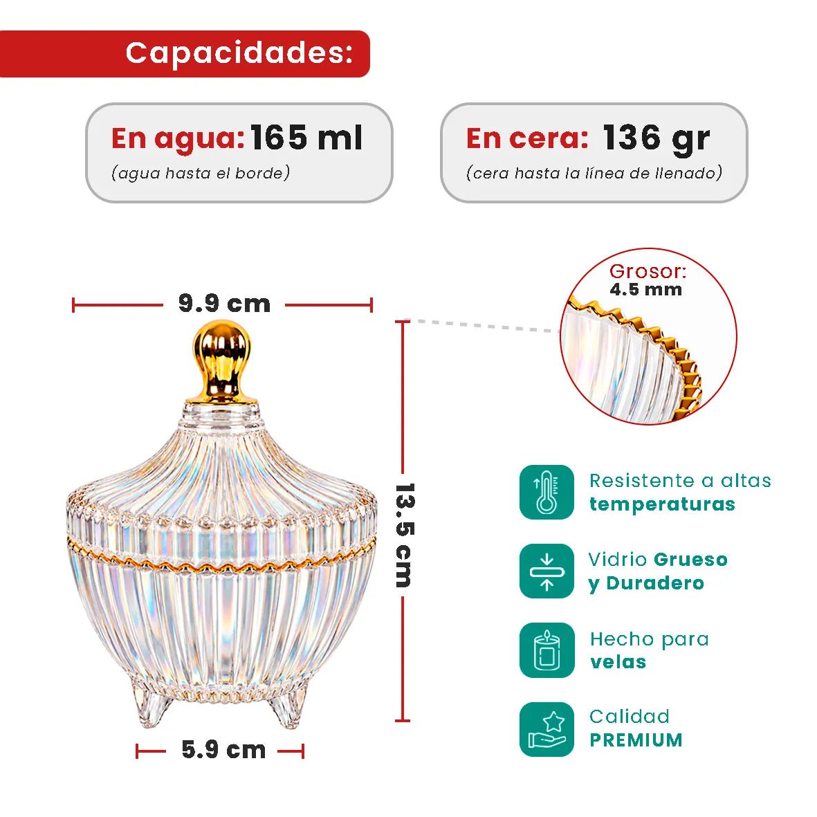 170ml - Cannes Vaso de lujo de vidrio para velas - Frasco Tornasol Brillante con Oro - Candle Craft