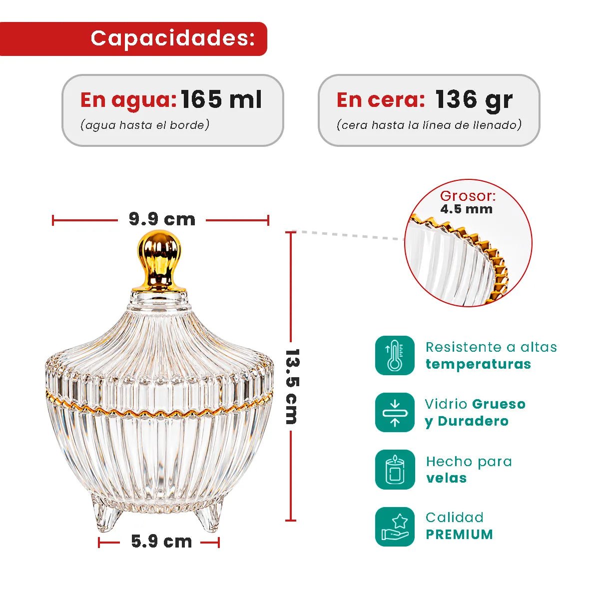 170ml - Cannes Vaso de lujo de vidrio para velas - Frasco Transparente con Oro - Candle Craft