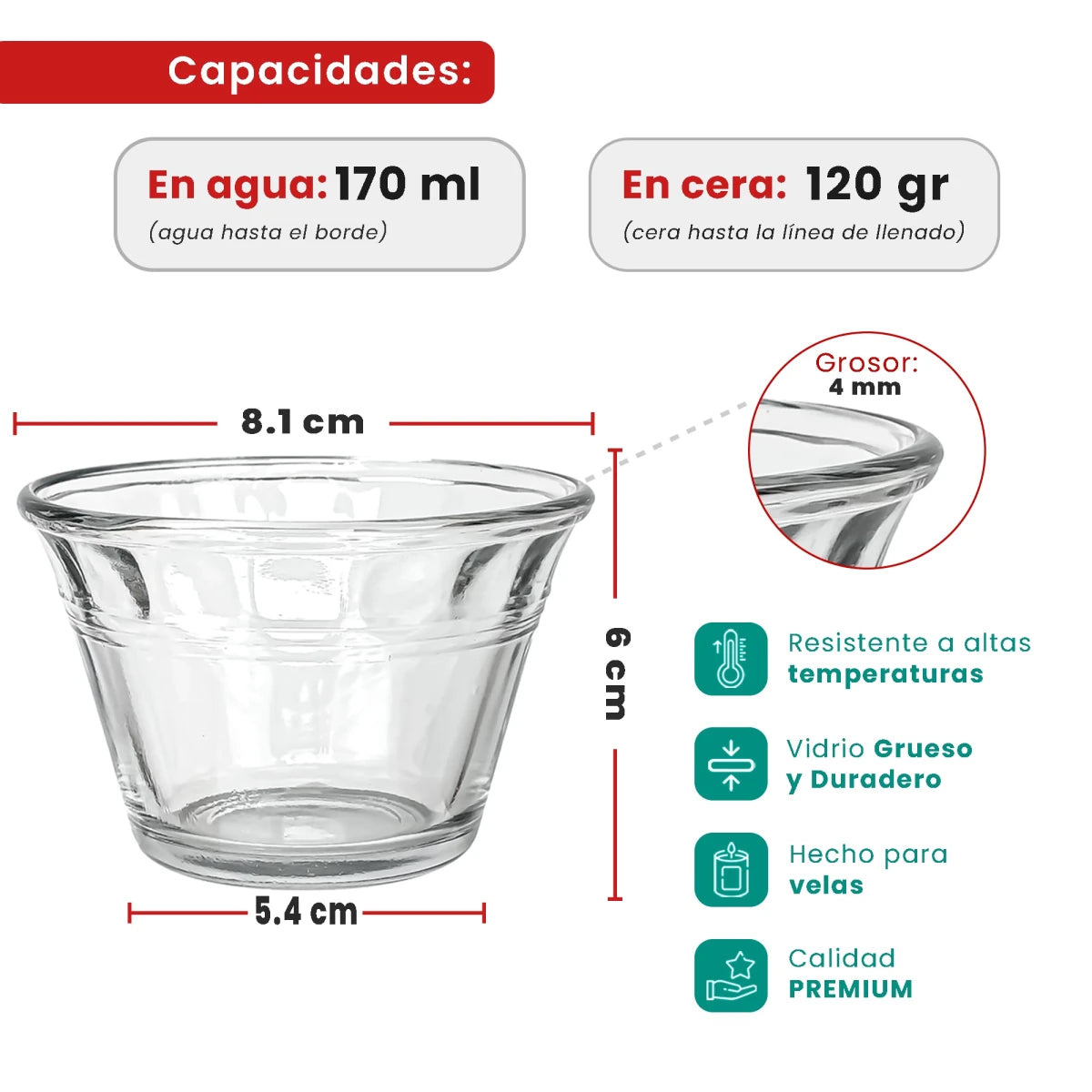 170ml - Mónaco Vaso de vidrio para velas - Frasco Ancho Tipo Bowl Bol Flanera - Cristal Transparente - Candle Craft