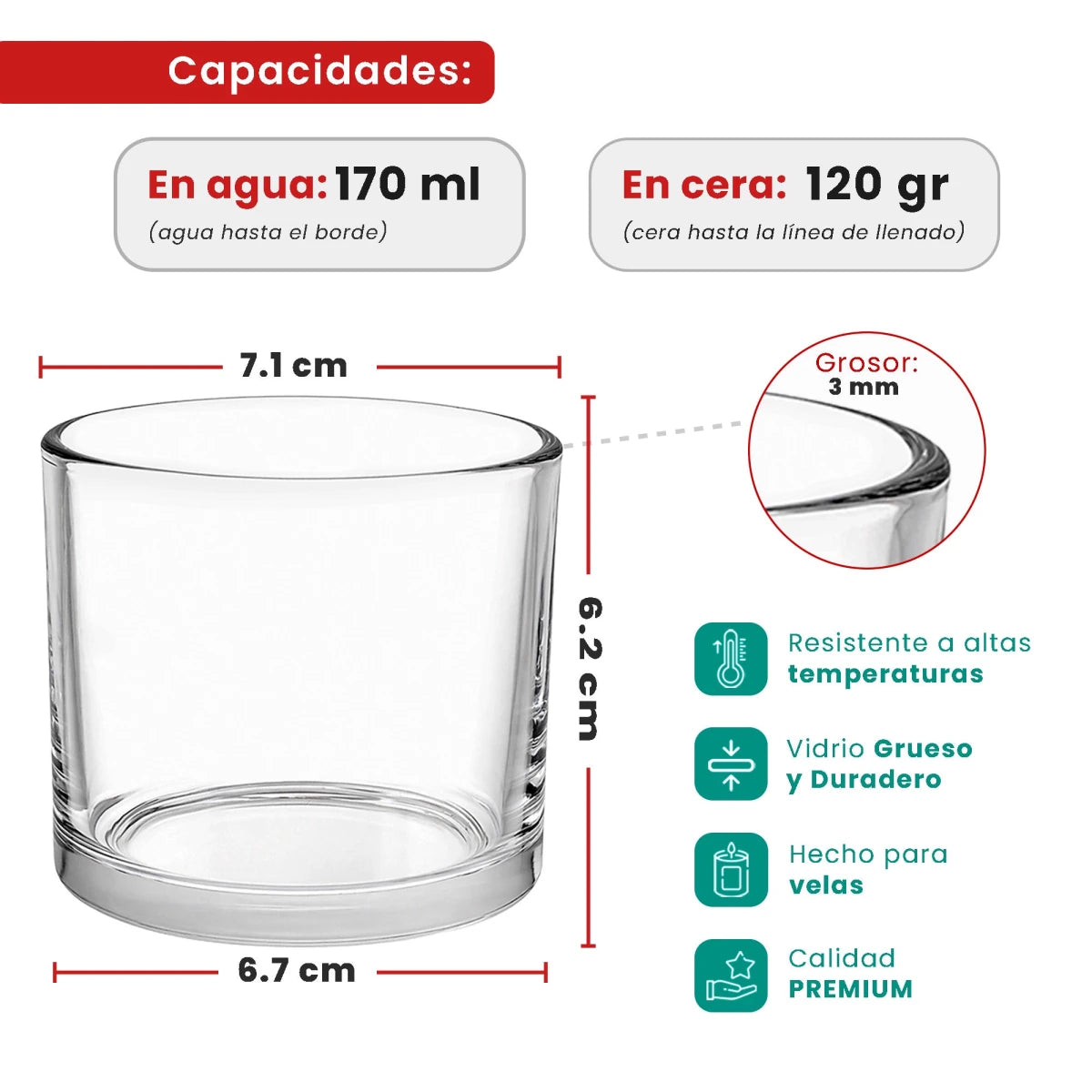 170ml - Mónaco Vaso de vidrio para velas - Frasco Cristal Transparente - Candle Craft