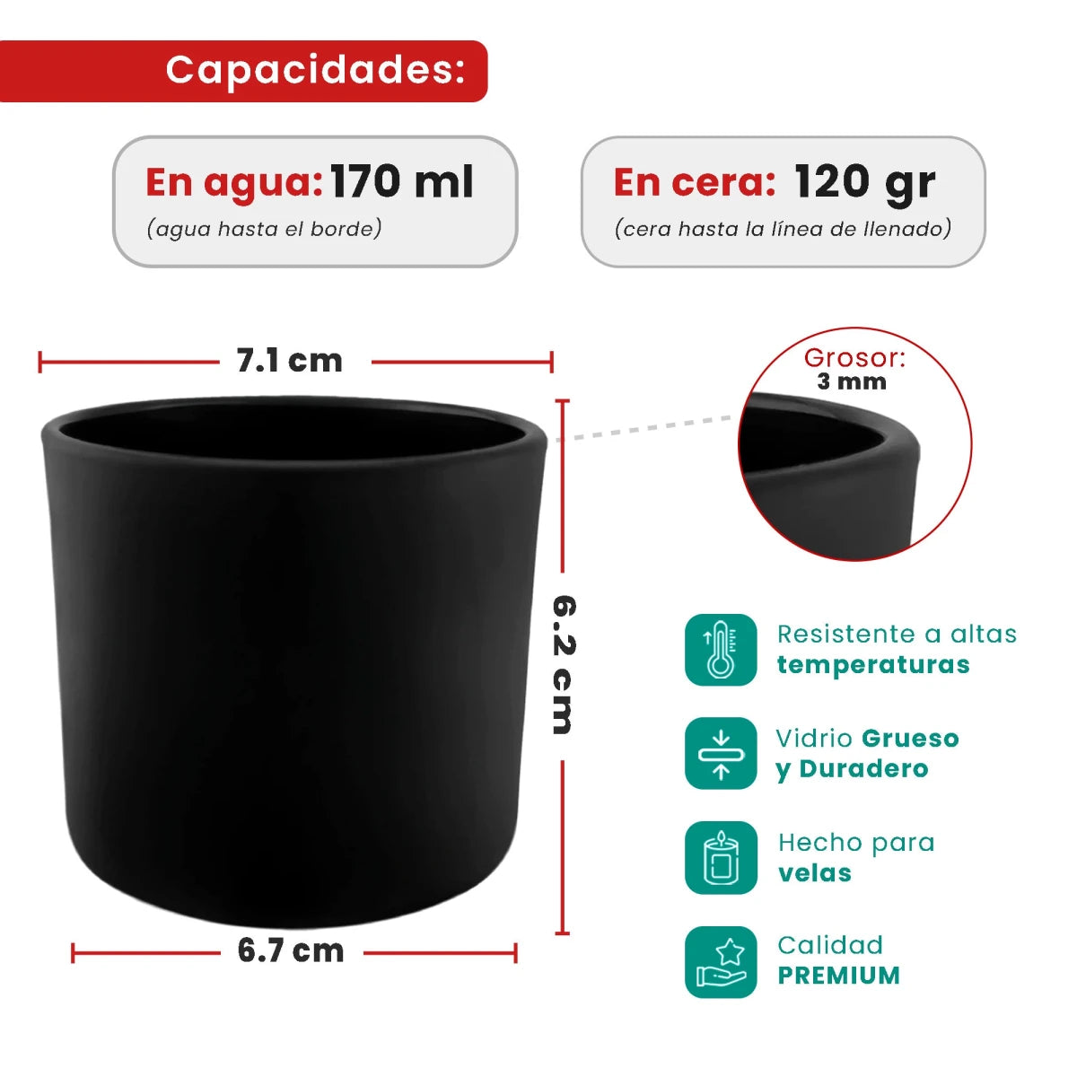 170ml - Mónaco Vaso de vidrio para velas - Frasco Negro Mate - Candle Craft