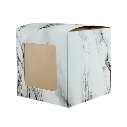 Caja Decorativa Cuadrada para Velas – Mármol Blanco - Ventana Transparente | Chica 8x8 cm
