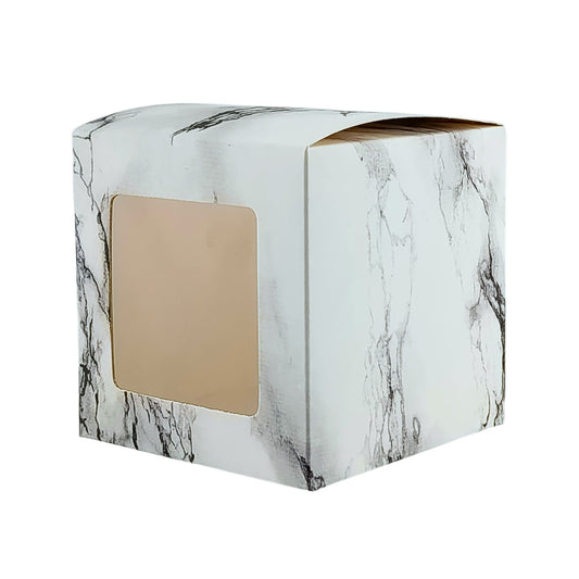Caja Decorativa Cuadrada para Velas – Mármol Blanco - Ventana Transparente | Chica 8x8 cm