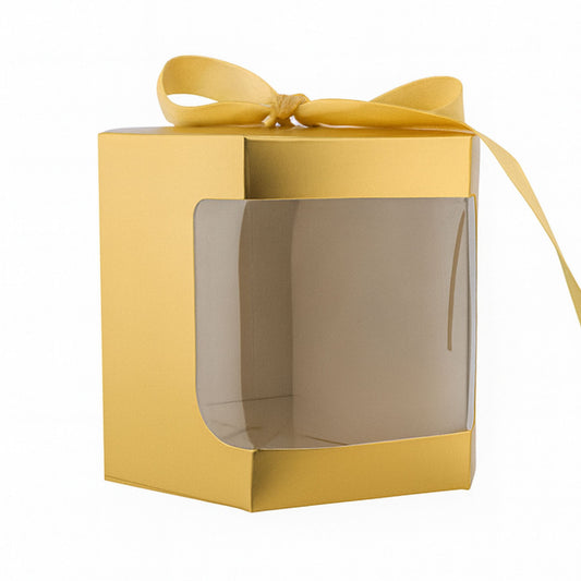 Caja Decorativa Hexagonal para Velas – Dorada - Ventana Transparente | Grande 10x10 cm